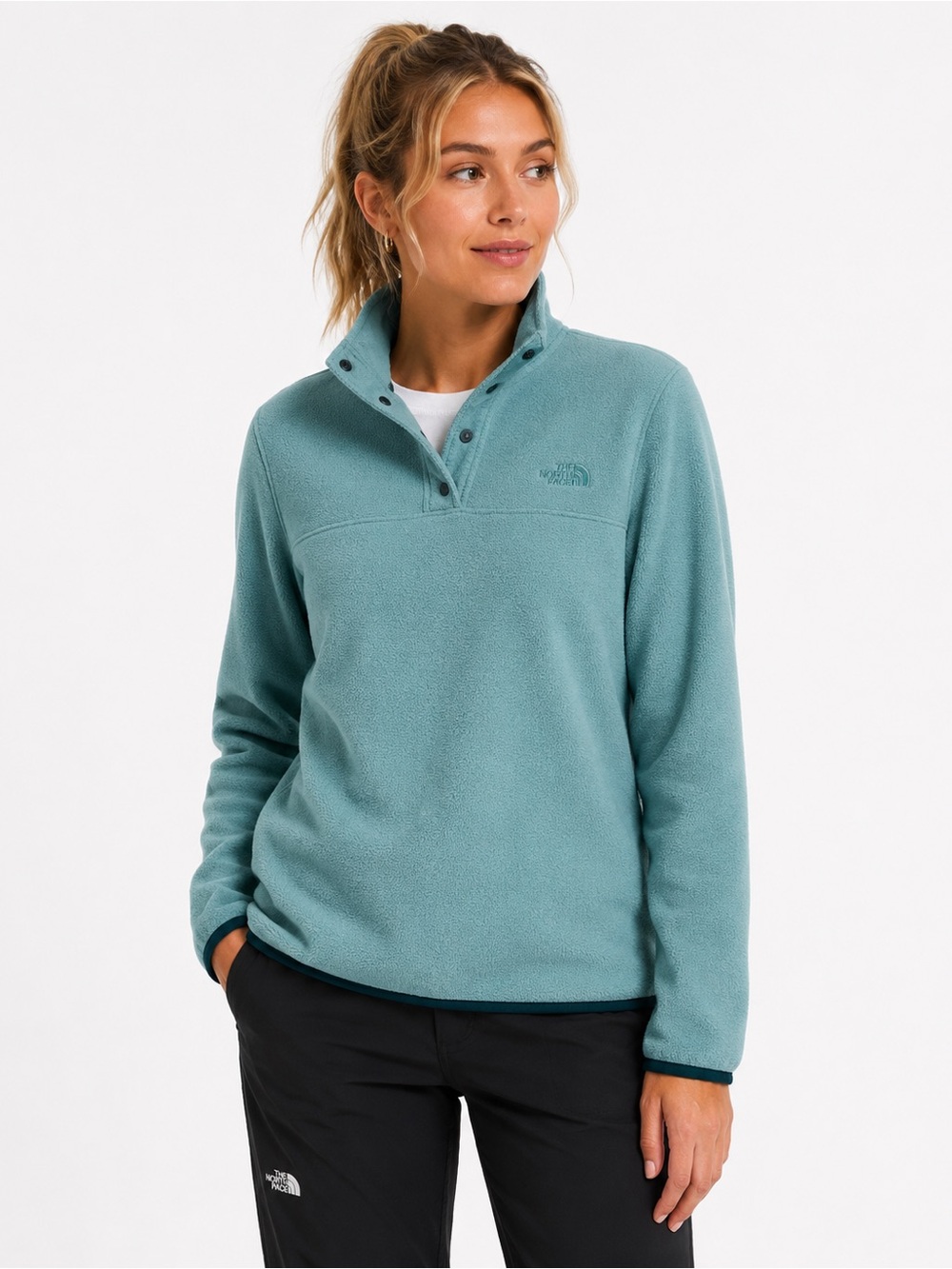 The North Face Women’s TKA Glacier Snap Neck Fleece Pullover Blue Green Medium